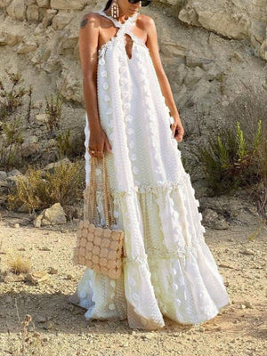 Halterneck Three-Dimensional Flower Cake Dress
