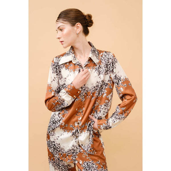 Baroque Leopard Print Satin Button-Up Shirt