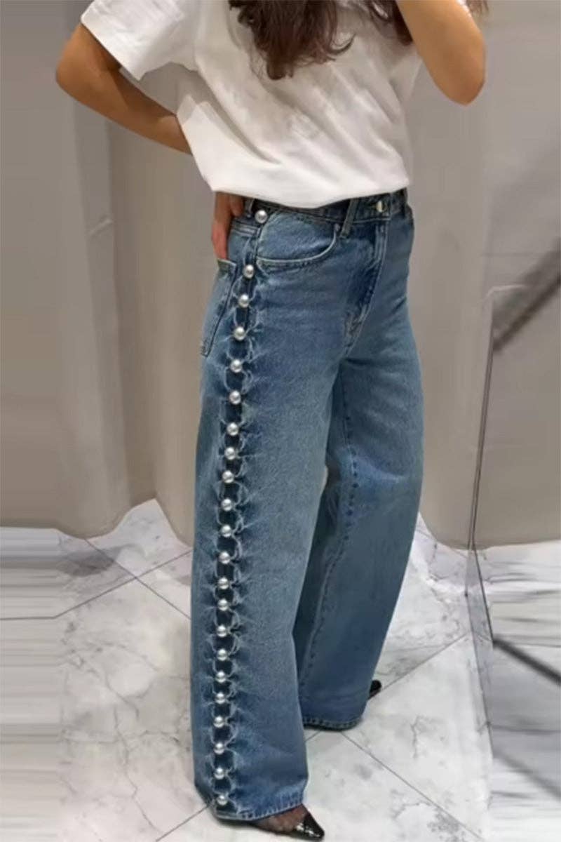 Pearl Embellished Wide-Leg Denim Jeans