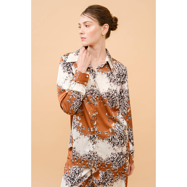 Baroque Leopard Print Satin Button-Up Shirt
