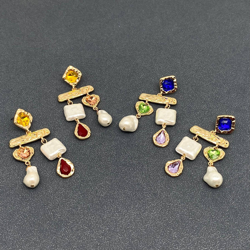 Multicolor Gem & Pearl Statement Drop Earrings