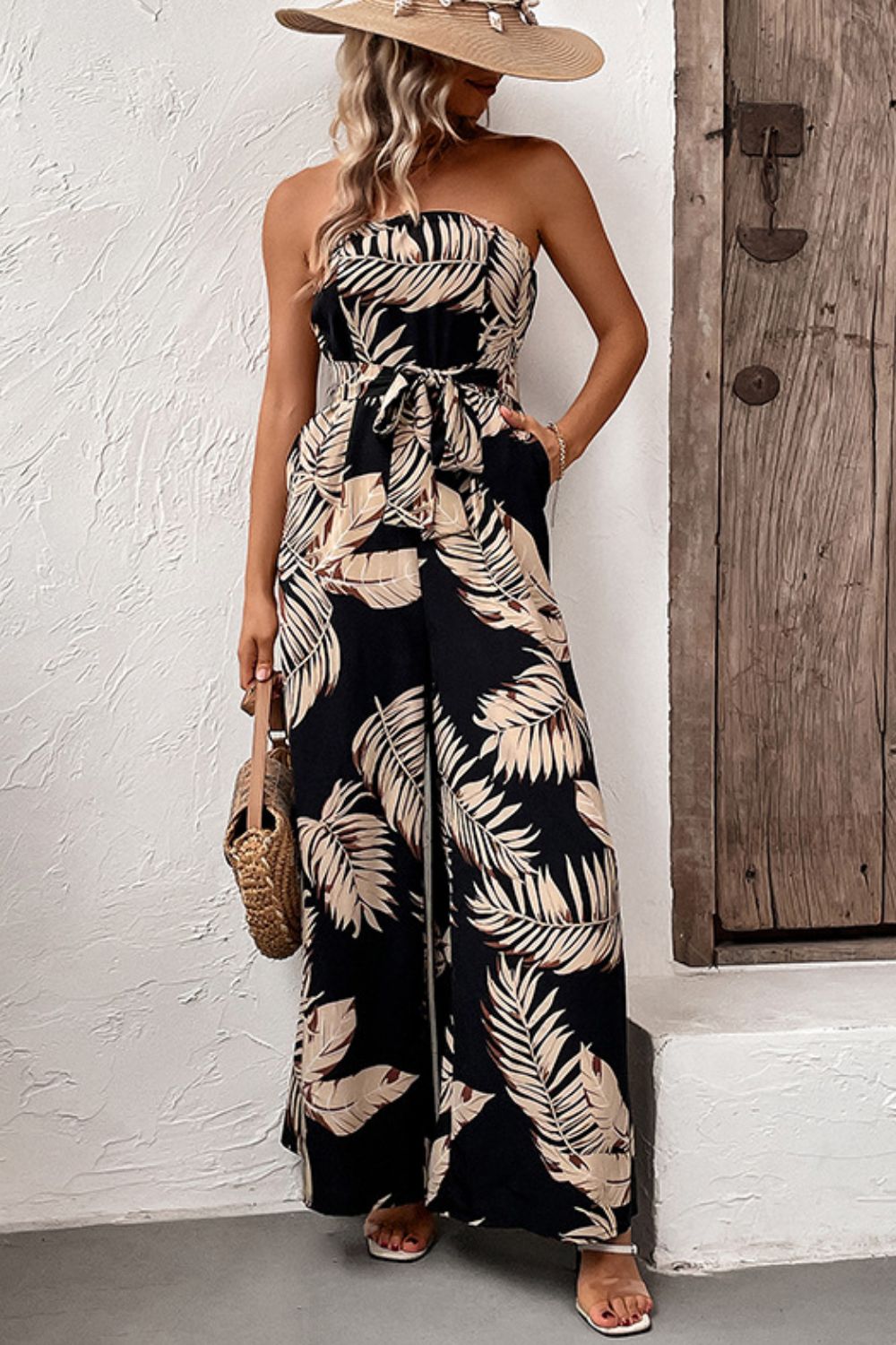 Printed Strapless Wide Leg Jumpsuit with Pockets - Moda Aziza