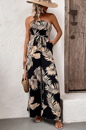 Printed Strapless Wide Leg Jumpsuit with Pockets - Moda Aziza