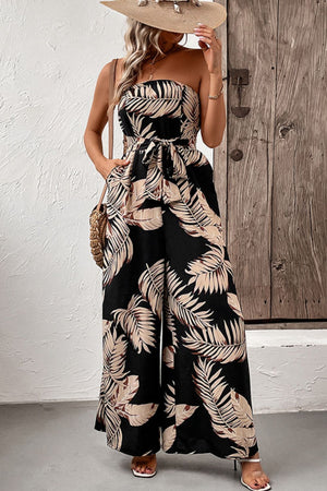Printed Strapless Wide Leg Jumpsuit with Pockets - Moda Aziza