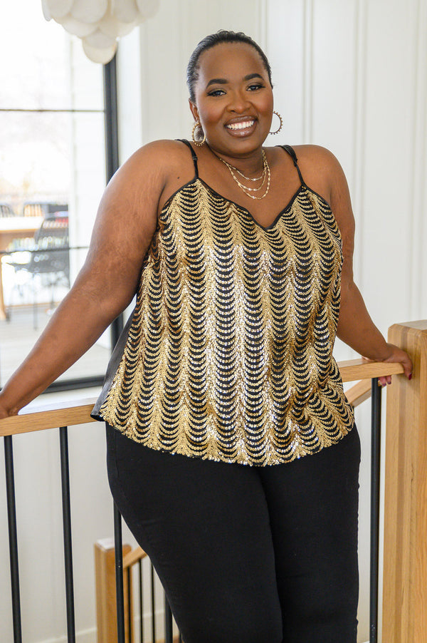 Stayin' Alive V-Neck Sequin Tank in Gold - Moda Aziza