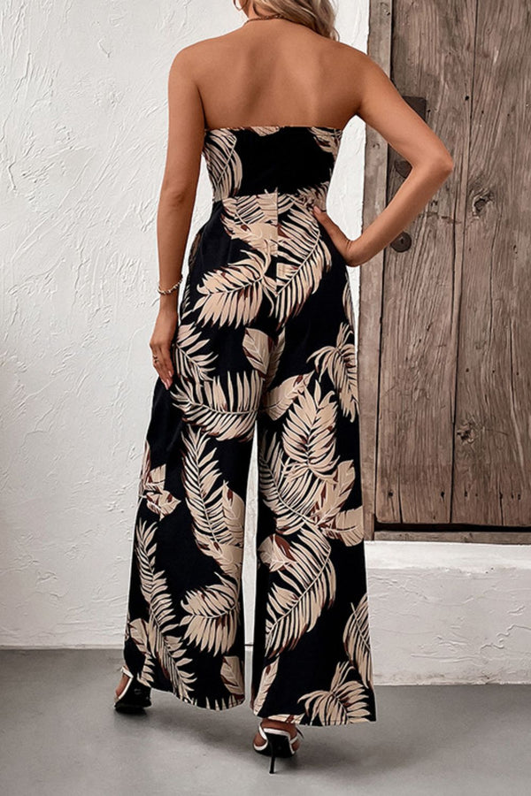 Printed Strapless Wide Leg Jumpsuit with Pockets - Moda Aziza