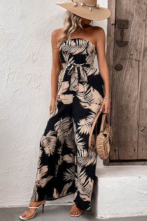 Printed Strapless Wide Leg Jumpsuit with Pockets - Moda Aziza